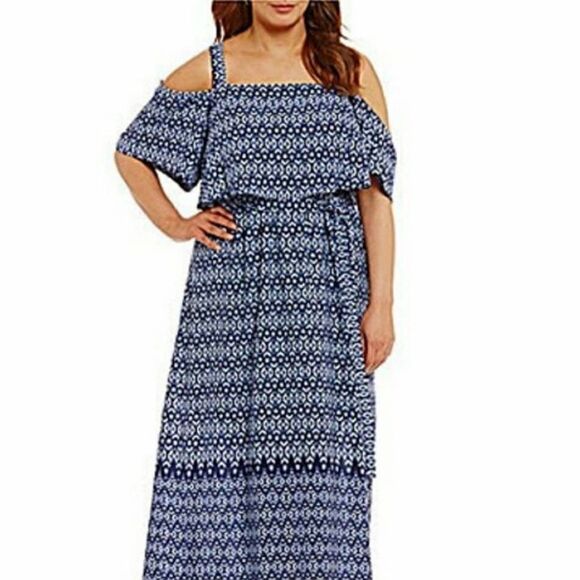 Gibson Latimer Cold Shoulder Tie Belt Blue Maxi Dress Size 1X - Picture 1 of 10